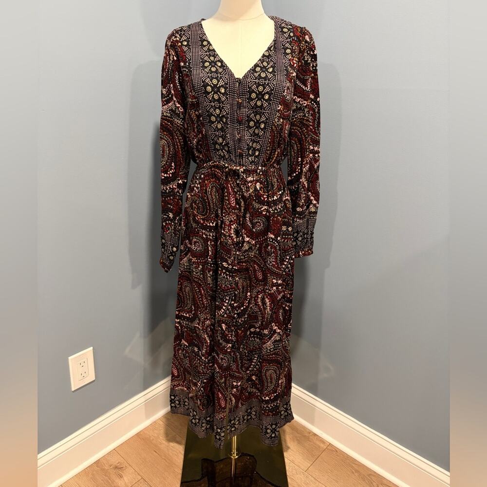 Knox Rose Boho Paisley Midi Dress Navy Red Floral Print Button Front Small